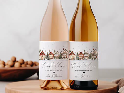 Úložné priestory & Organizácia - Vianočné etikety na fľaše so zasneženými domčekmi - 18019944_