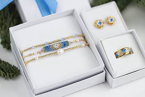 Mira (Darčeková sada – náušnice, náramok a prsteň v modro-zlatej kombinácii)