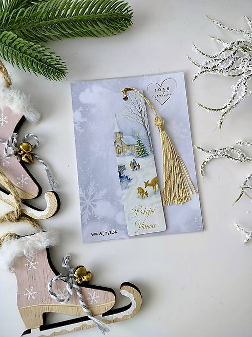 Drevená Vianočná záložka so strapcom, vianoce (Kostolík)