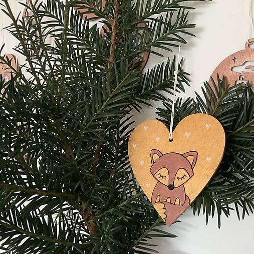 Maľované vianočné srdiečko (drevený výrez 10 cm) na špagáte (na zlatom podklade) s líškou