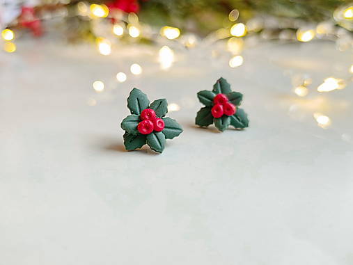 Náušnice - Holly Berry- napichovacie vianočné náušnice - 18023327_