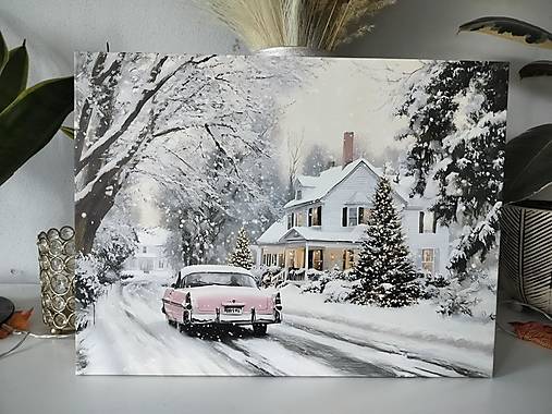 Svietiaci vianočný obraz – Zimná ulica s autíčkom (40 × 30 cm)