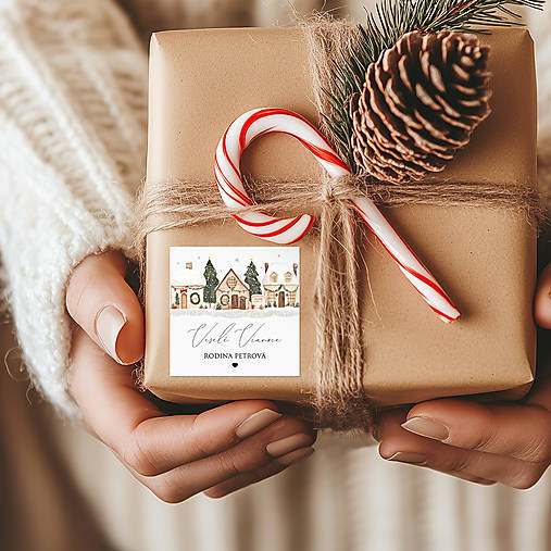 Úložné priestory & Organizácia - Samolepiace etikety na darčeky, zákusky so zasneženými domčekmi 2 - 18029354_