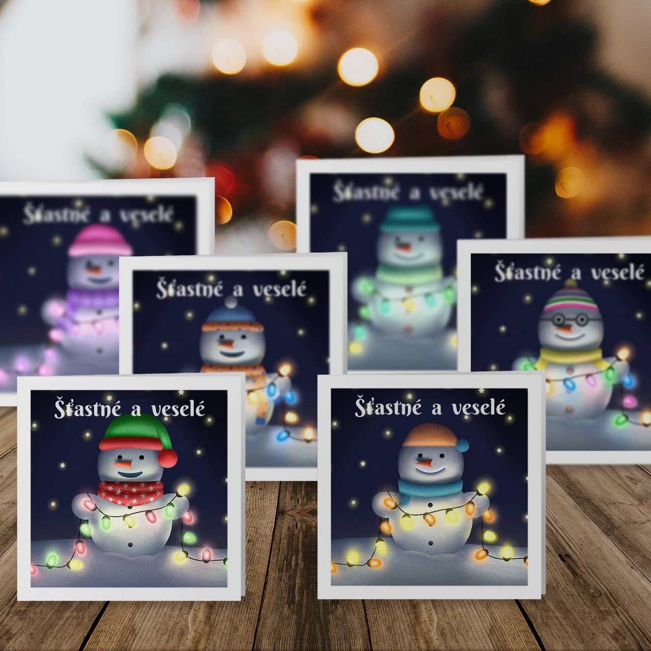 Snehuliačik so svetielkami - vianočná pohľadnica