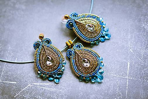 Sady šperkov - Soutache set modro-zlatý - 18046660_