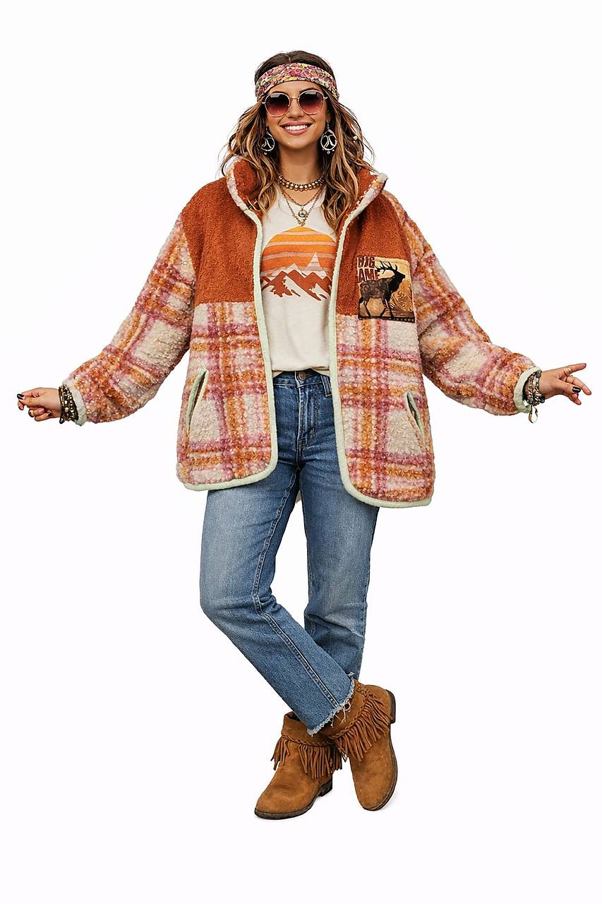 Dámská bunda sherpa s kostkou