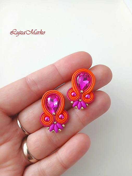Náušnice - Katalina soutache náušnice (Cyklamenová + oranžová) - 18052368_