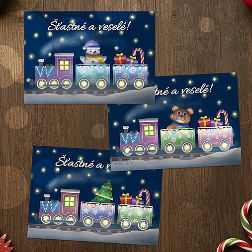 Papiernictvo - Vláčik so svetielkami - vianočná pohľadnica - 18053198_