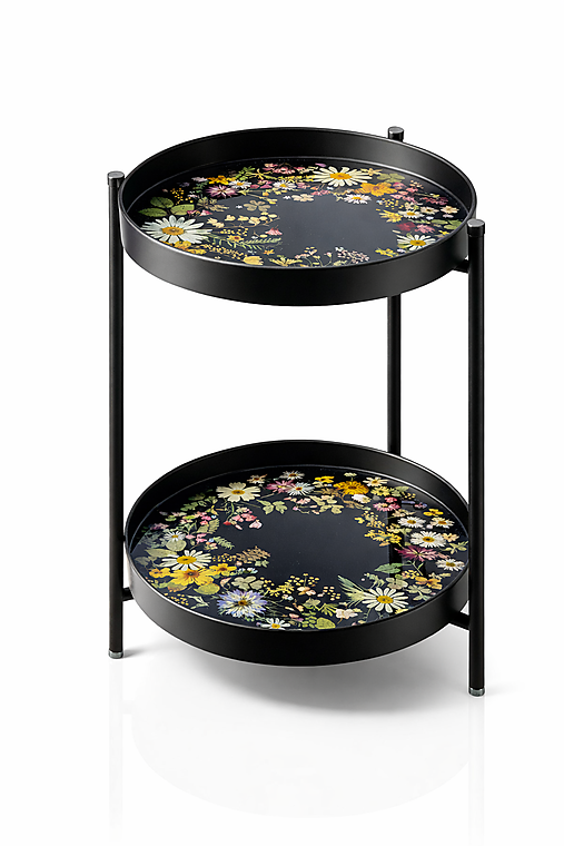 Nábytok - Príručný čierny stolík / stojan na kvety - skutočné sušené kvety a živica - 18055021_