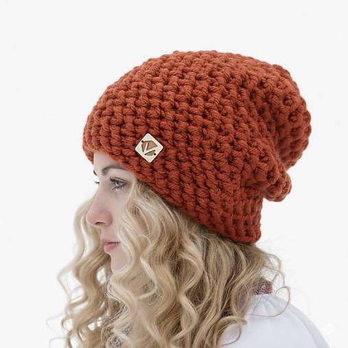 Čiapky, čelenky, klobúky - Čarovná zima - ručne háčkovaná čiapka bez žmolkov (Tehlová) - 18058023_