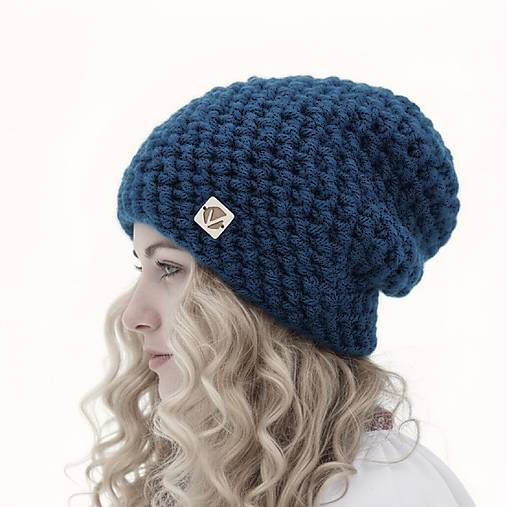 Čiapky, čelenky, klobúky - Čarovná zima - ručne háčkovaná čiapka bez žmolkov (Tmavý jeans) - 18058104_