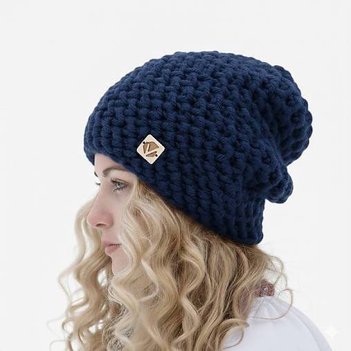 Čiapky, čelenky, klobúky - Čarovná zima - ručne háčkovaná čiapka bez žmolkov (Tmavomodrá) - 18059331_