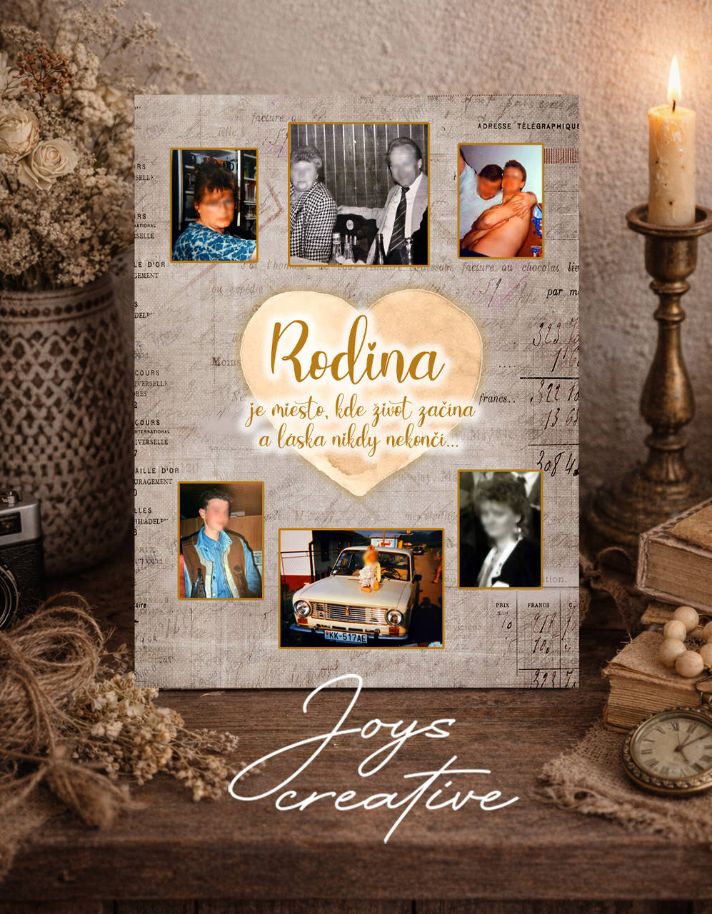 Drevená tabuľa s fotografiami Rodina