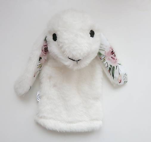Maňuška zajko huňatý - Biely s kvietkovými uškami