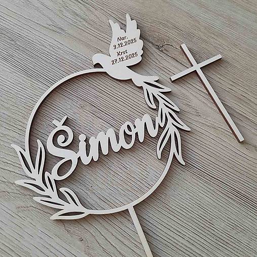 Dekorácie - Zápich na krstiny s menom, holubicou, dátumami a krížikom - 18062464_