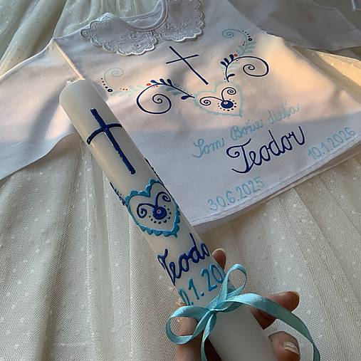Krstná košieľka a svieca na krst ručne maľovaná ľudovoladená (odtiene modrej)