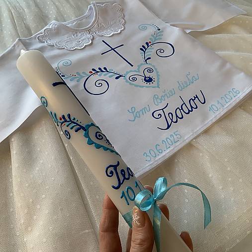 Krstná košieľka a svieca na krst ručne maľovaná ľudovoladená (odtiene modrej)