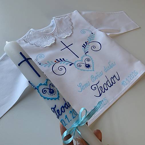 Krstná košieľka a svieca na krst ručne maľovaná ľudovoladená (odtiene modrej)