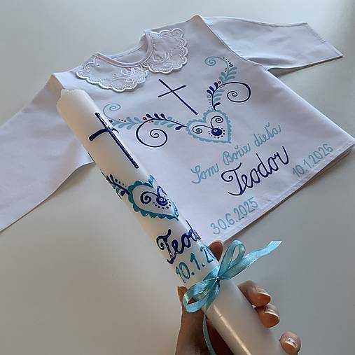 Krstná košieľka a svieca na krst ručne maľovaná ľudovoladená (odtiene modrej)