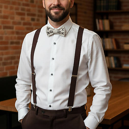 Pánske doplnky - Čokoládovohnedý Set Motýlik a Traky - 18067917_