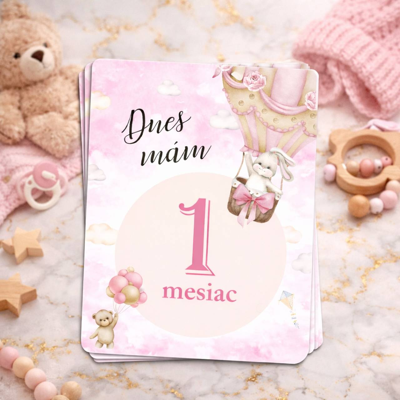 Míľnikové kartičky na fotenie macko v balóne (ružové)