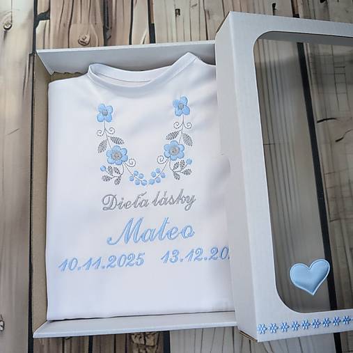 Detské oblečenie - Košieľka na krst k14 svetlomodrá so šedou v darčekovom balení - 18078890_