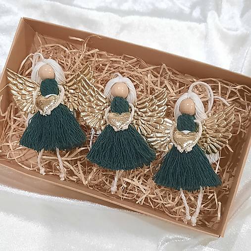 Macramé anjeliky v krabičke (zelená/zlatá-3ks)