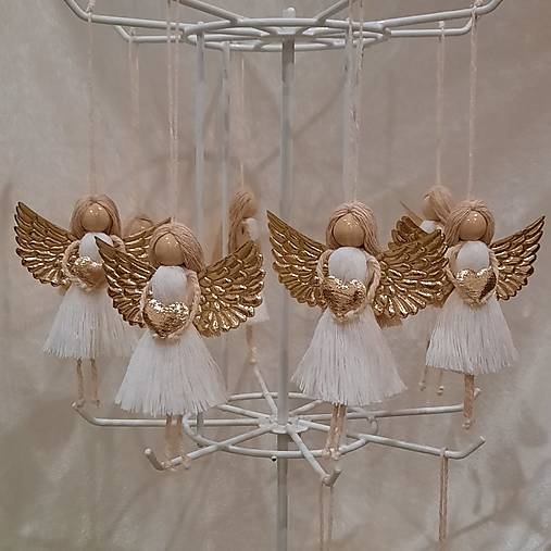 Macramé anjeliky v krabičke (biela/zlatá-5ks)