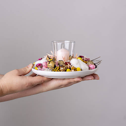 Svietnik zo sušených kvetov na stôl  (Ružová)