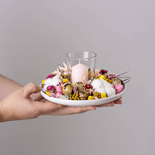 Svietnik zo sušených kvetov na stôl  (Ružová)