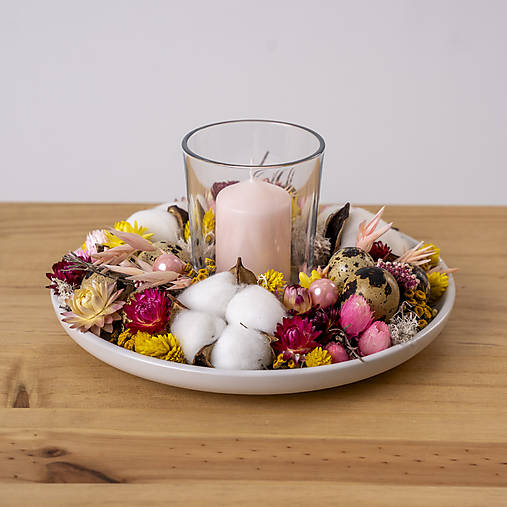 Svietnik zo sušených kvetov na stôl  (Ružová)