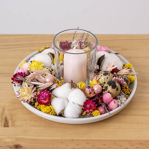 Svietnik zo sušených kvetov na stôl  (Ružová)