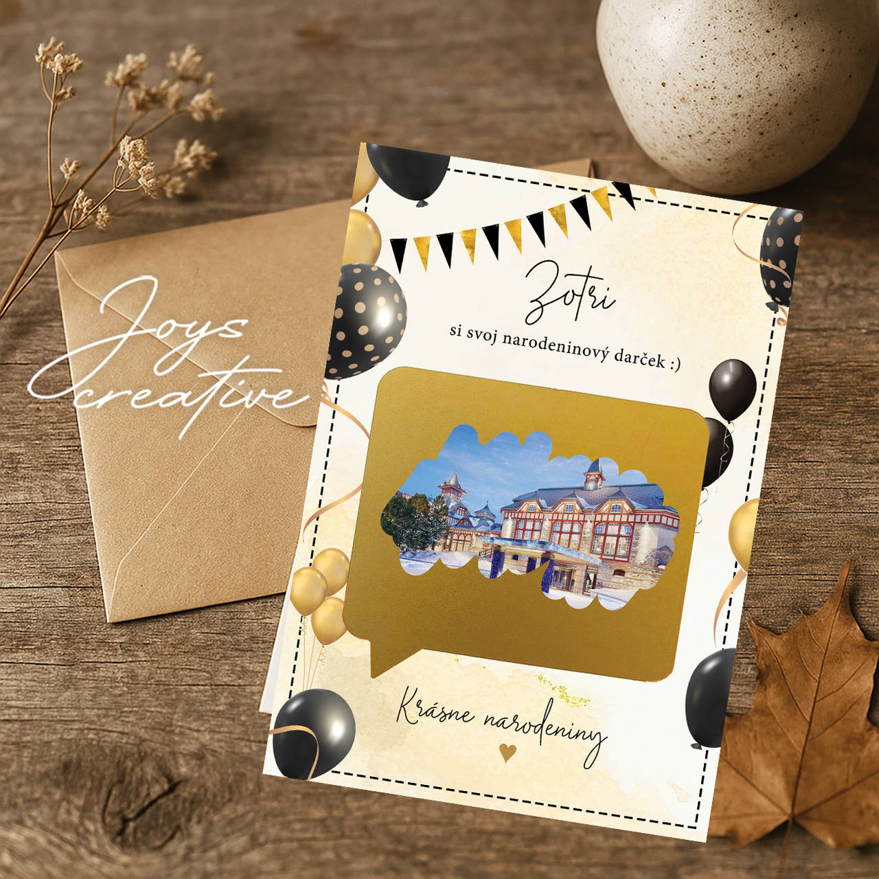 Narodeninová stieracia kartička (balóny a girlanda)