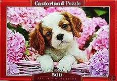  - -50% PUZZLE Castorland (500, šteniatko, ružové hortenzie) - 18088624_