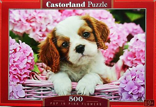 -50% PUZZLE Castorland (500, šteniatko, ružové hortenzie)