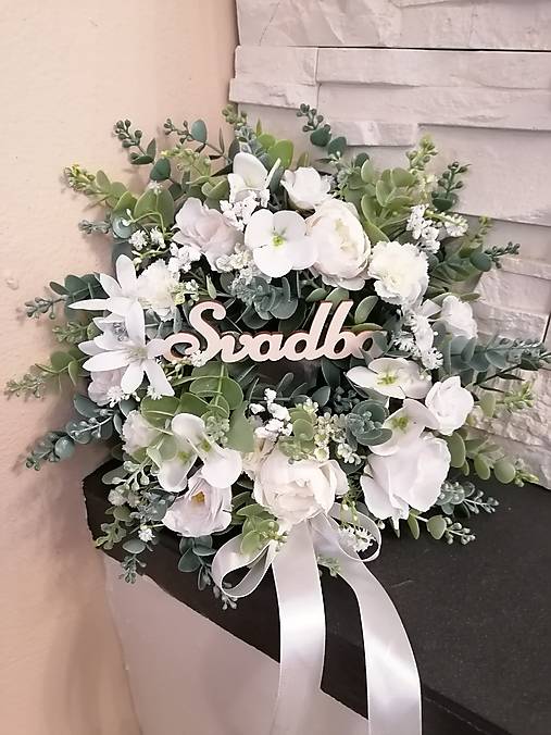 Dekorácie - Greenery veniec s nápisom 30cm a mašlou - 18089055_