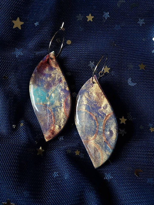 Náušnice - Fialovozlaté náušnice GALAXY (Vlna (7 cm)) - 18094652_