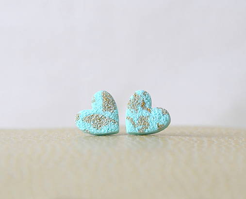 Náušnice - Napichovacie srdiečka - mint + zlatá - 18098170_