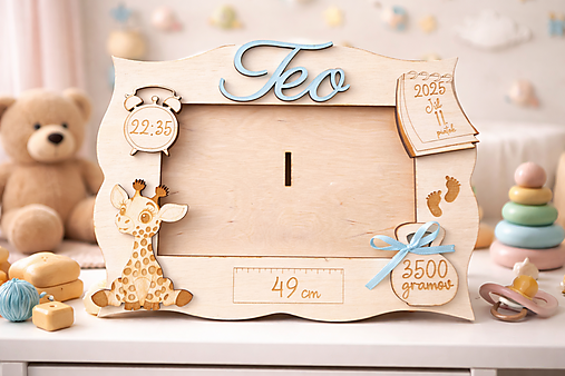 Rámiky - Fotorámik s údajmi o narodení bábätka - Žirafka (Fotorámik 10x15 - tmavé škvrnky) - 18098046_