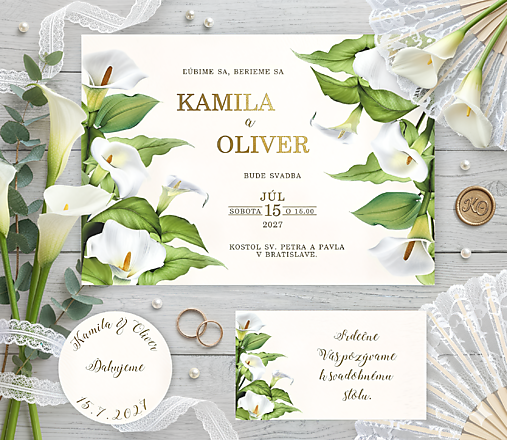 Svadobné oznámenia biela kala