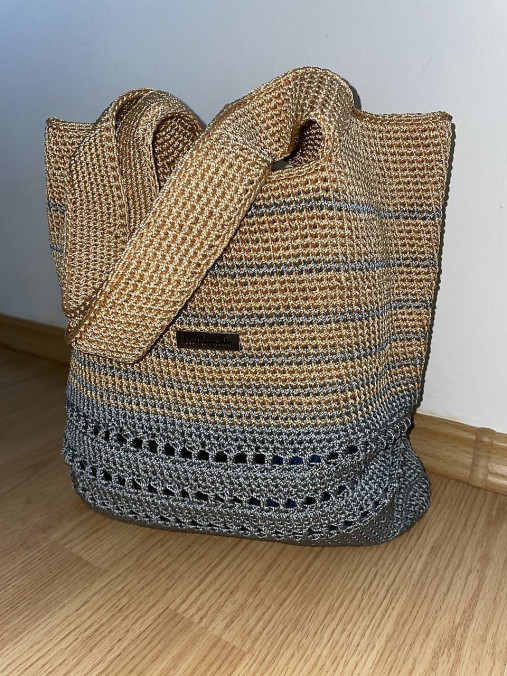 Nákupné tašky - Háčkovaná „Ombré“ taška – Piesková & Sivá (Handmade) - 18099722_