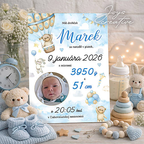 Detská tabuľka, tabuľka pre dieťa s údajmi o narodení dieťatka  (balón s mackom 27x19 modrá)