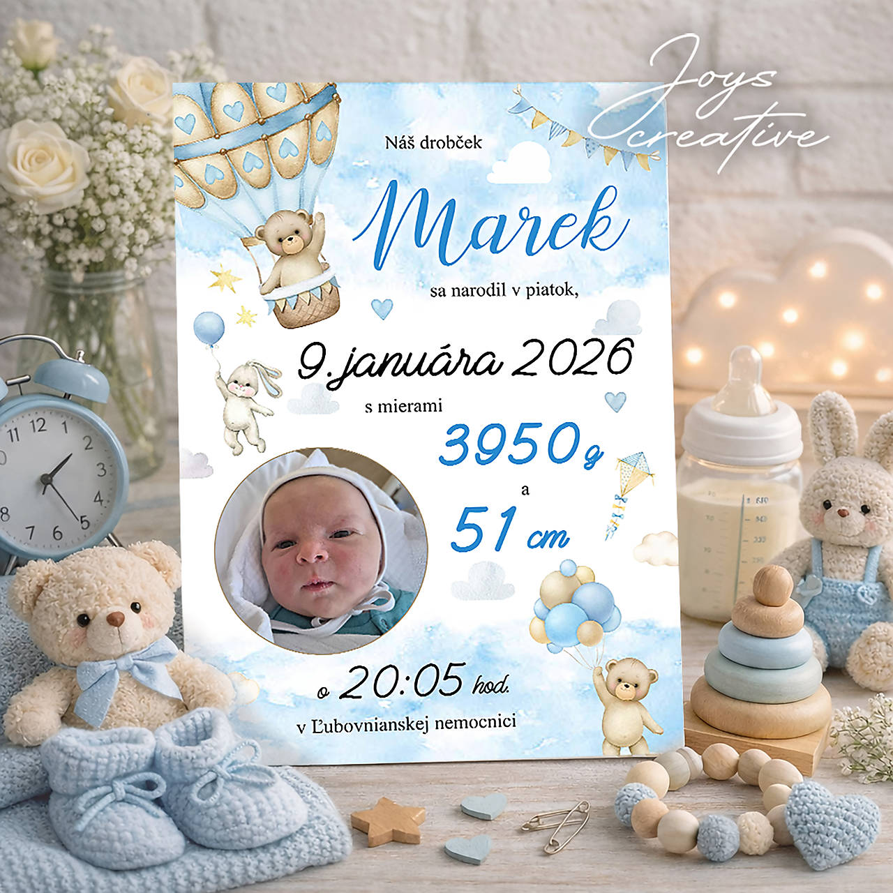 Detská tabuľka, tabuľka pre dieťa s údajmi o narodení dieťatka  (balón s mackom 27x19 modrá)