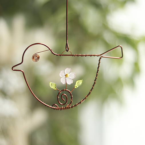 Dekorácie - vtáčik na zavesenie z medeného drôtu - 18103956_