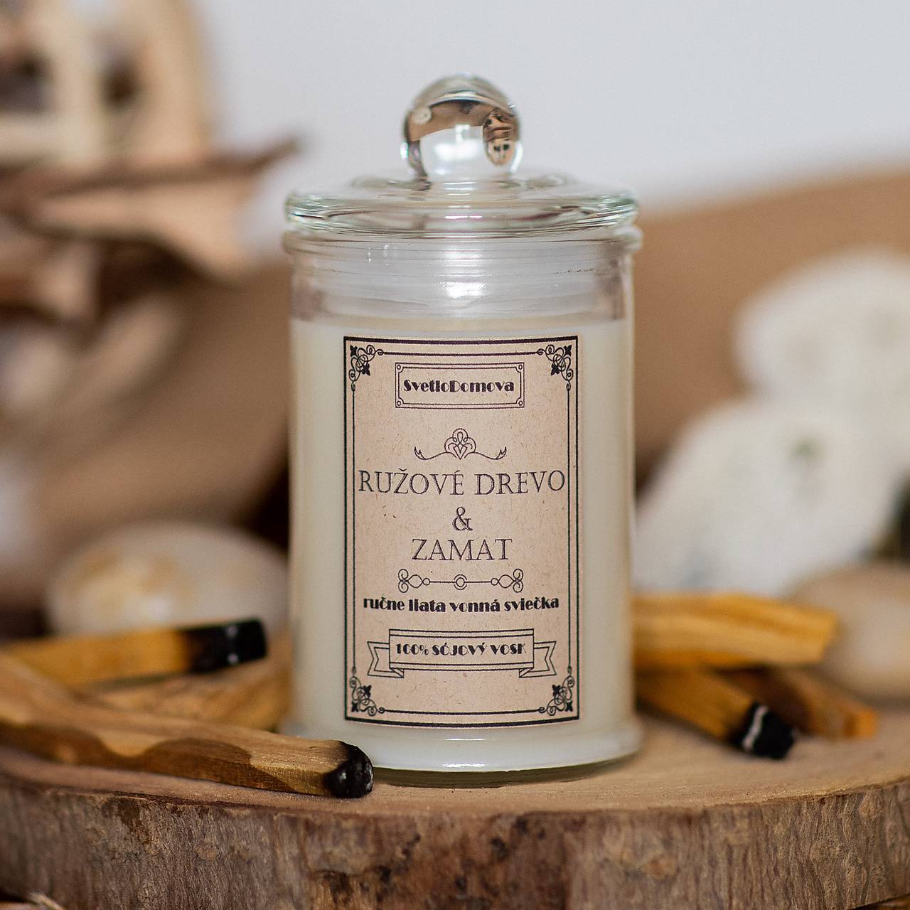 Sviečka zo sójového vosku v skle - Ružové drevo & Zamat