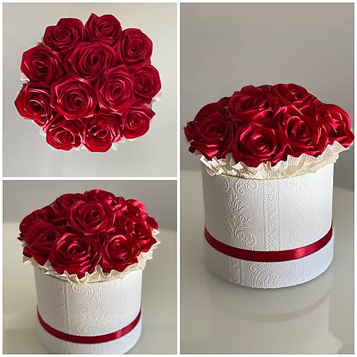 Kvetinový box zo saténových stúh "M" saténové ružičky kvety, dekorácia darček