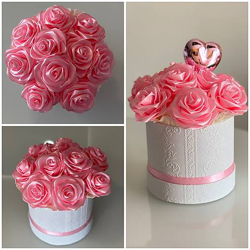 Kvetinový box zo saténových stúh "M" saténové ružové ružičký pootvorené kvety dekorácia darček