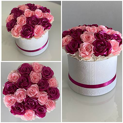 Kvetinový box zo saténových stúh "L" saténové ružičky kvety, dekorácia darček