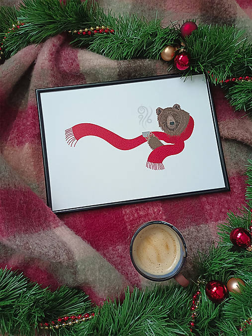 Grafika - Medveď hnedý s kávou – print - 18104365_