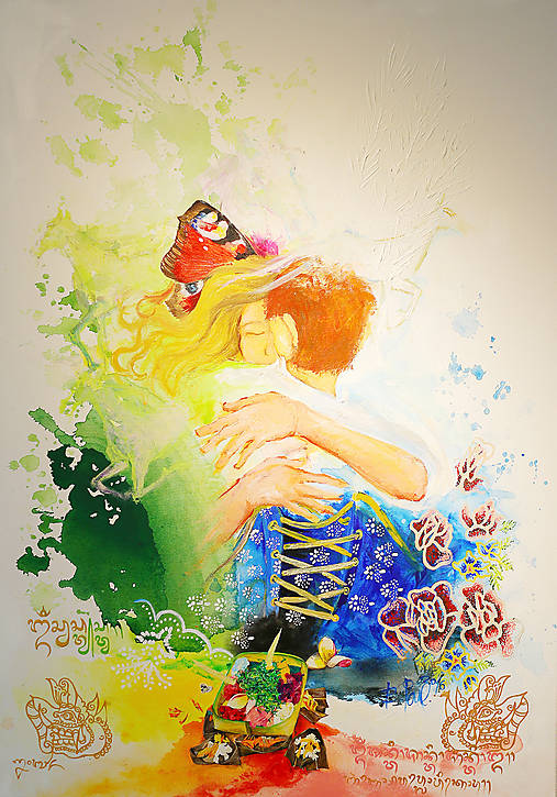 Obrazy - Objatie s modrotlačom a batiky - 18109918_